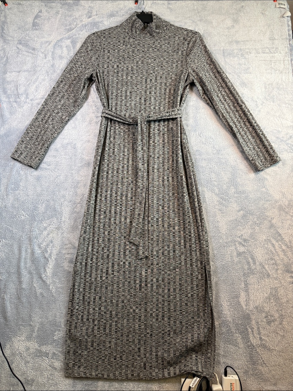 DKNY Gray Ribbed Long-Sleeve Maxi Dress with Waist Tie